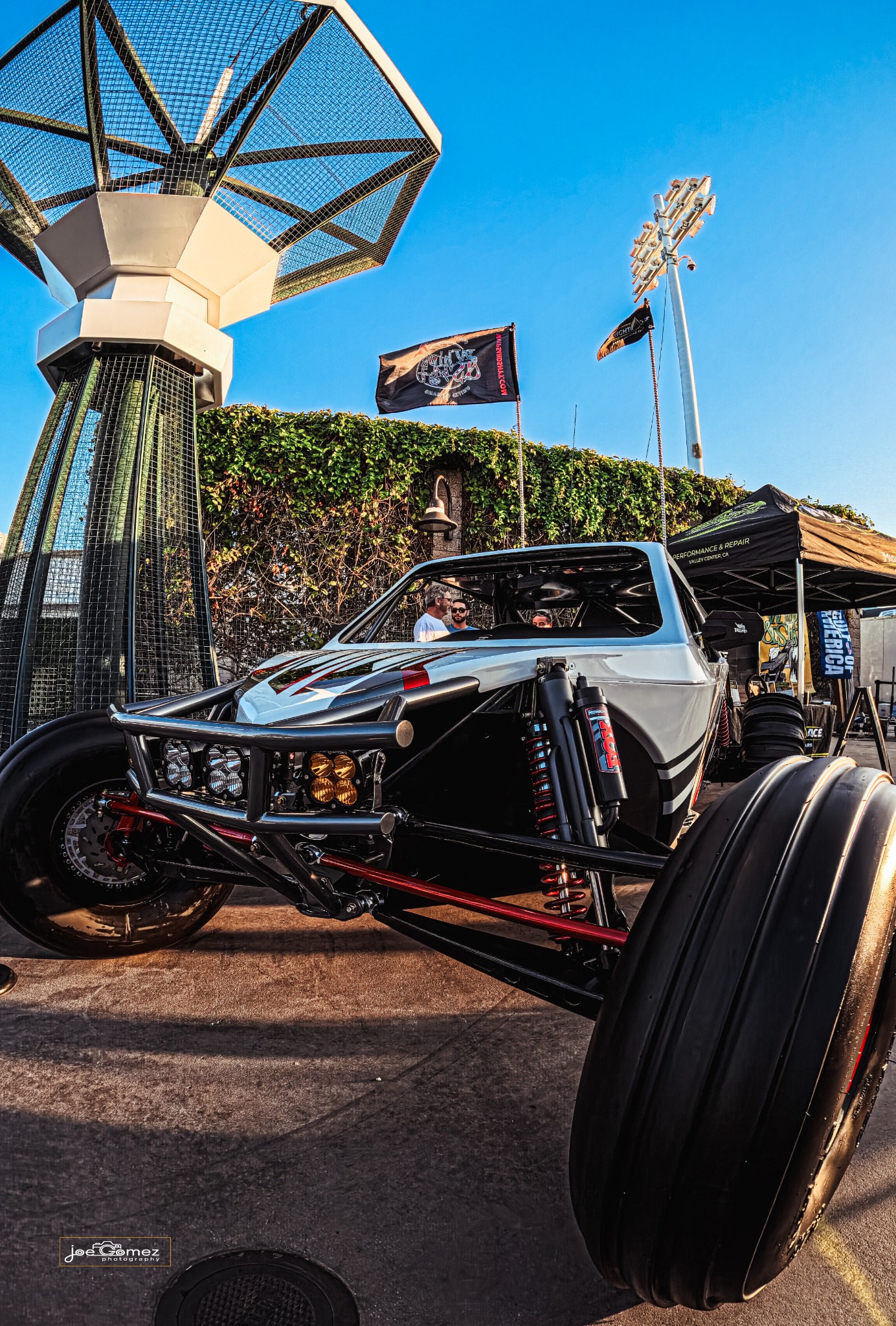 Low vertical view of the front of the Midnight Ace sand rail